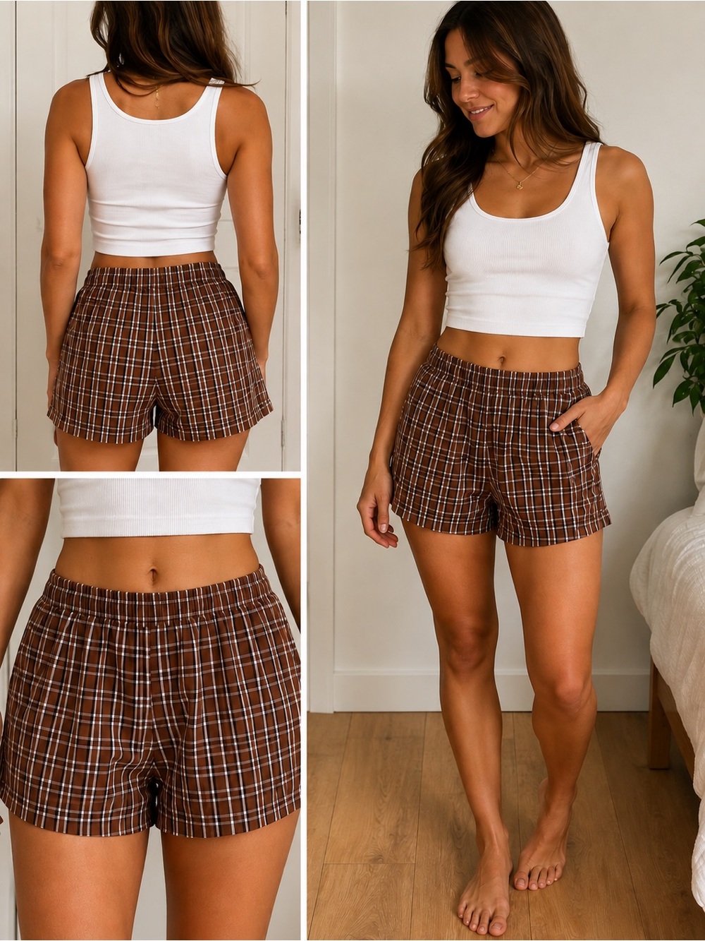 Aritzia Brown Plaid High-Waist Lounge Shorts